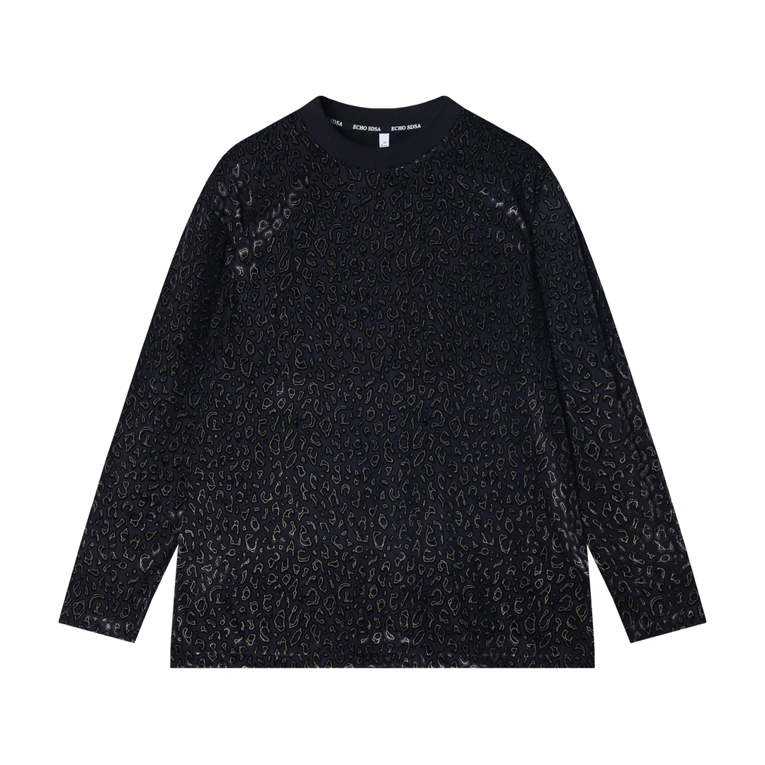 夏季高级感新款韩版撞色提花圆领长袖T恤小众设计满印休闲上衣