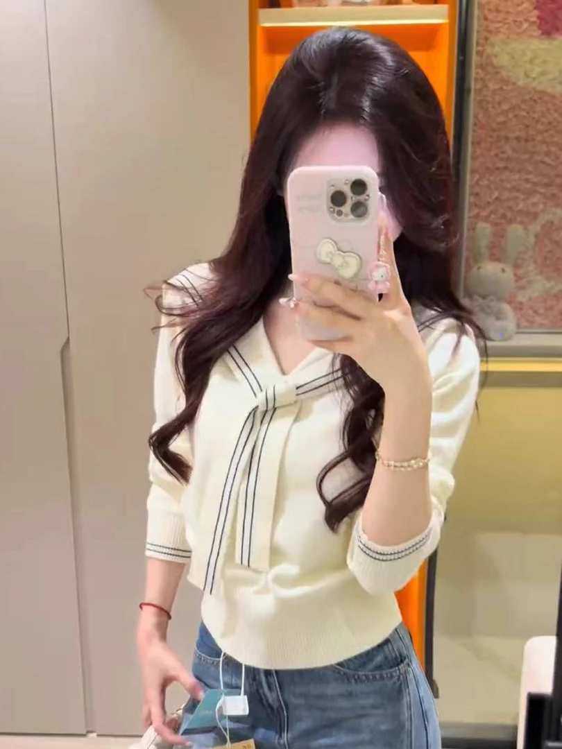 学院风海军领针织衫女2025春秋韩版减龄时尚甜美宽松显瘦打底上衣