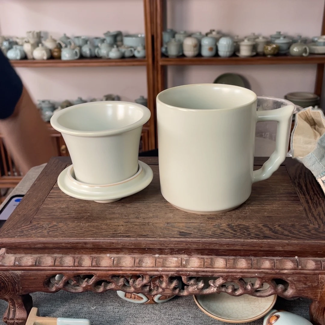 瓷片月白釉大义茶水分离杯