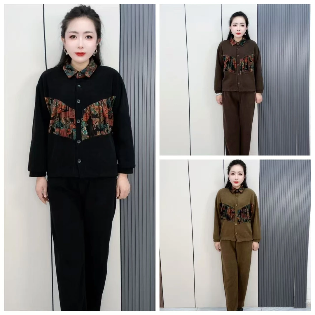 8882翻领条绒拼接休闲套装