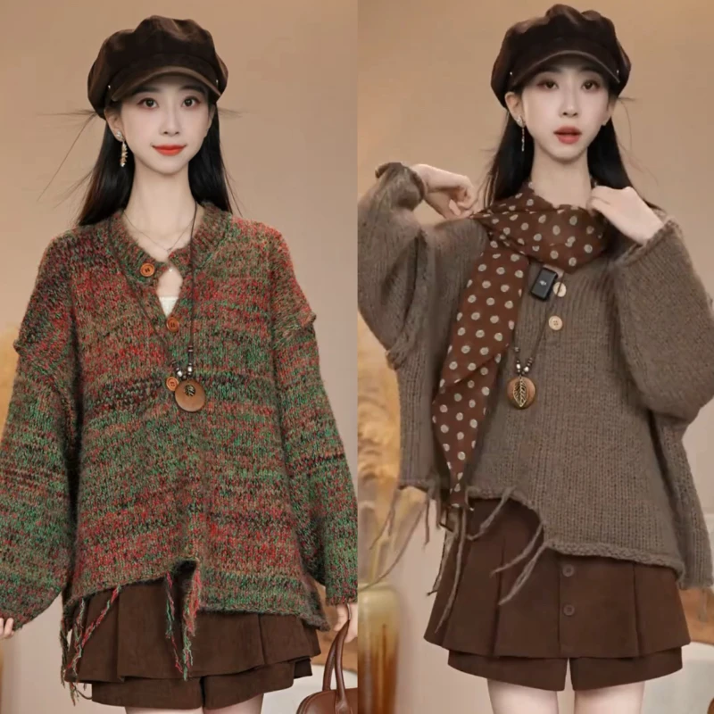 2025春秋季新款女士巨好看老钱风不规则遮肉V领毛衣针织衫上衣服