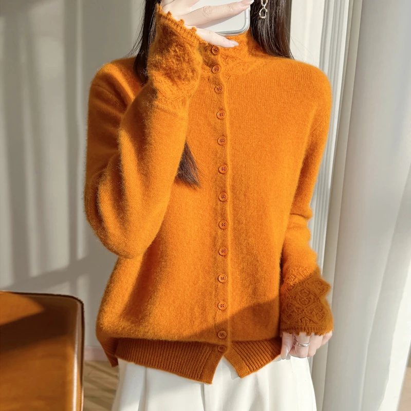 2025冬季新款重磅钩花加厚立领100纯羊毛开衫女针织打底衫百搭