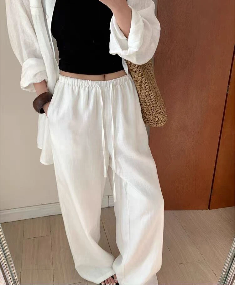 100%亚麻白色夏季凉爽透气直筒裤女百搭宽松显瘦简约休闲松紧腰