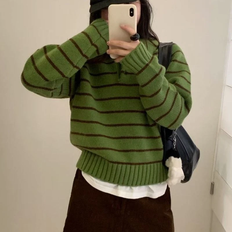 针织女厚款 POLO领翻领长袖条纹毛针织衫宽松女装秋冬季慵懒风