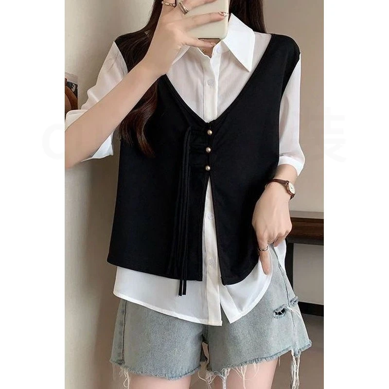 大码女装夏季新款胖mm时尚女衬衫宽松显瘦假两件撞色拼接短袖外搭