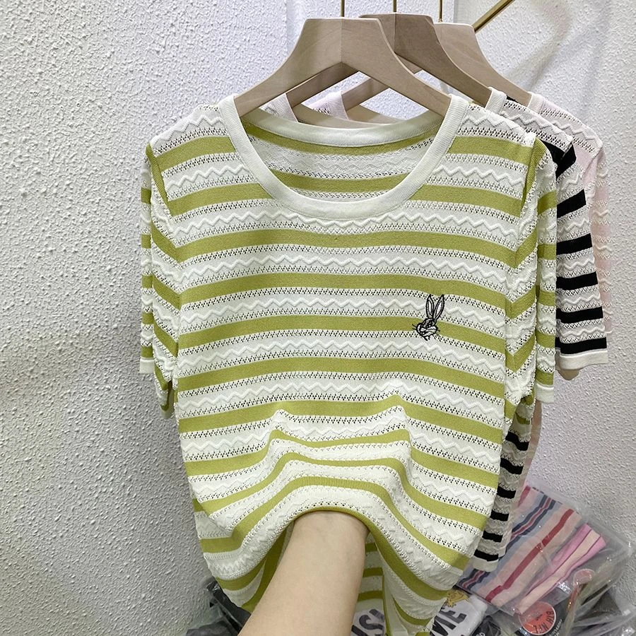 宽松显瘦【80-200斤】条纹刺绣冰丝短袖T恤女夏季肌理感减龄上衣