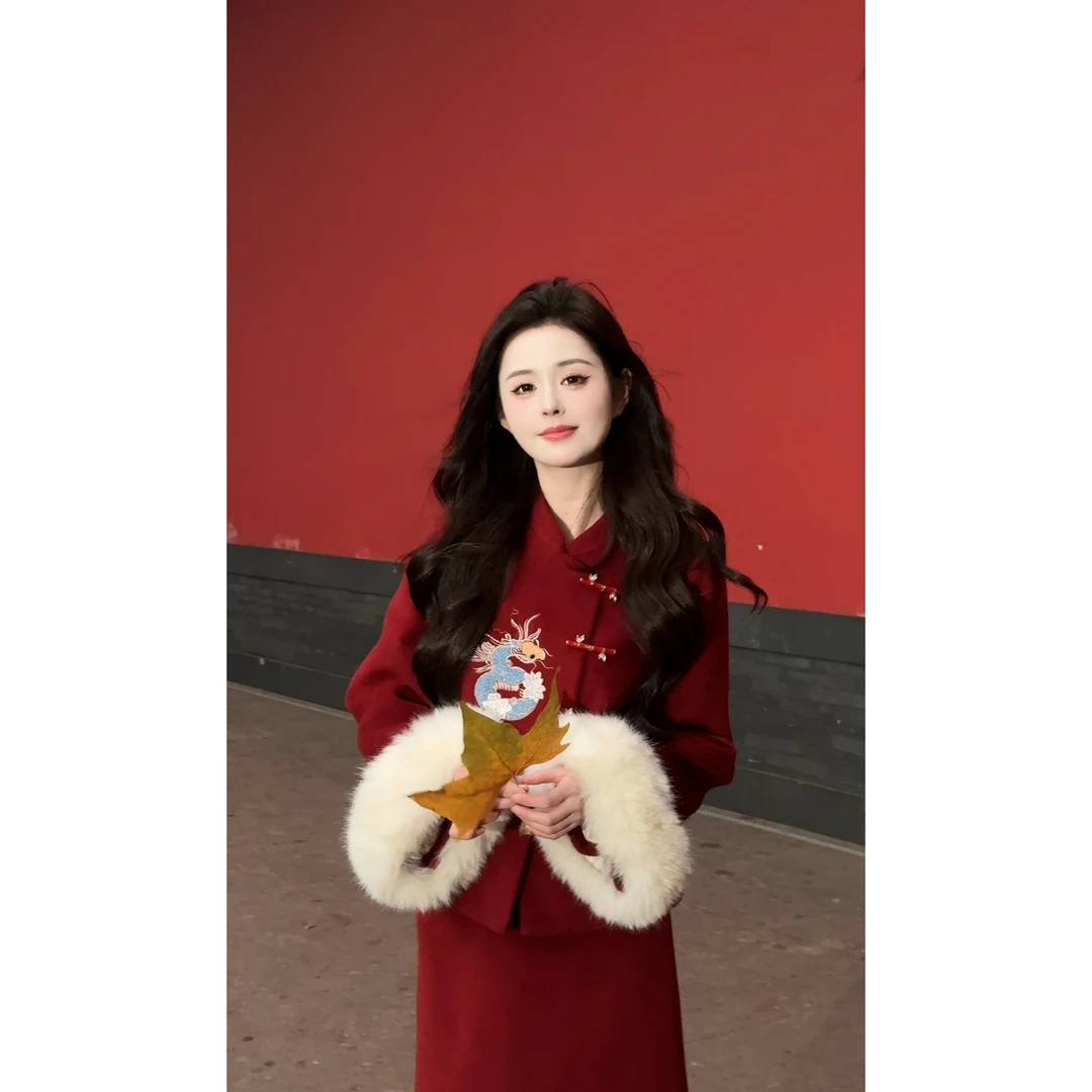 【龙腾盛世】<77>新中式斜襟龙刺绣羽绒外套+半裙XMZH5356冬季红色