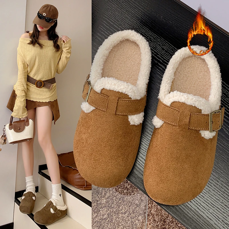 内增高博肯鞋加绒勃肯鞋女外穿包头冬季新款毛毛拖鞋防滑保暖棉鞋