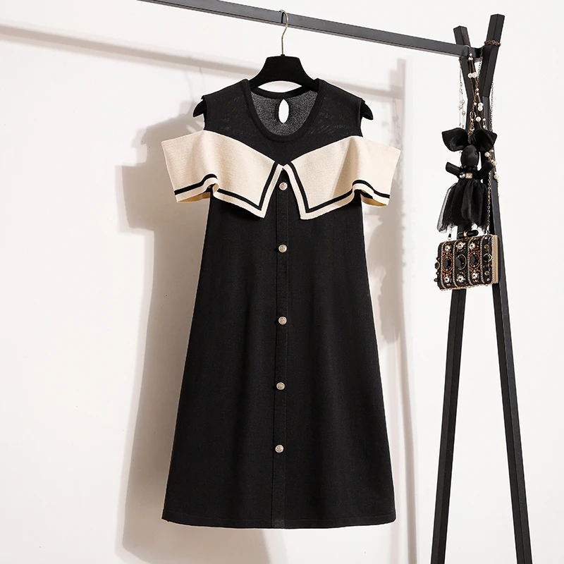 实拍大码女装2025夏装新款针织连衣裙韩版简约单排扣露肩连衣裙子