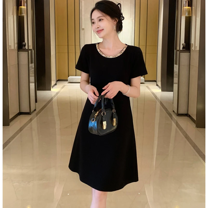 【墨墨家】2025夏季新款胖mm赫本风气质圆领显瘦黑色连衣裙女#838