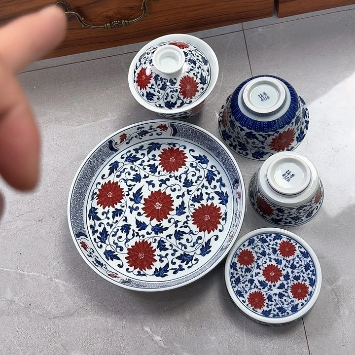 杯釉里红缠枝莲5件套景德镇