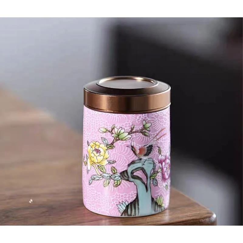 B150粉色茶叶罐陶瓷珐琅彩锡盖密封罐家用储物罐迷你小号旅行便携