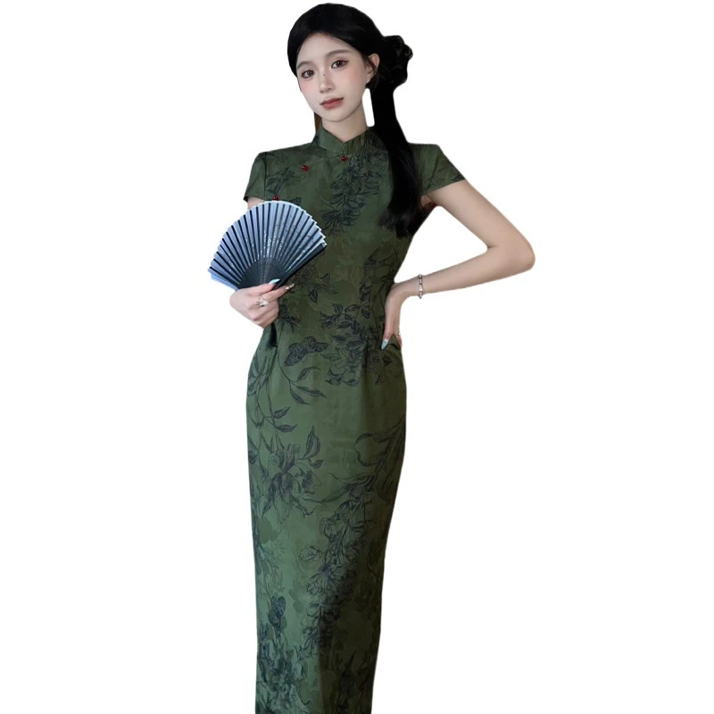 EAI一尧丹青客新中式提花改良旗袍裙女春气质复古短袖夏季连衣裙