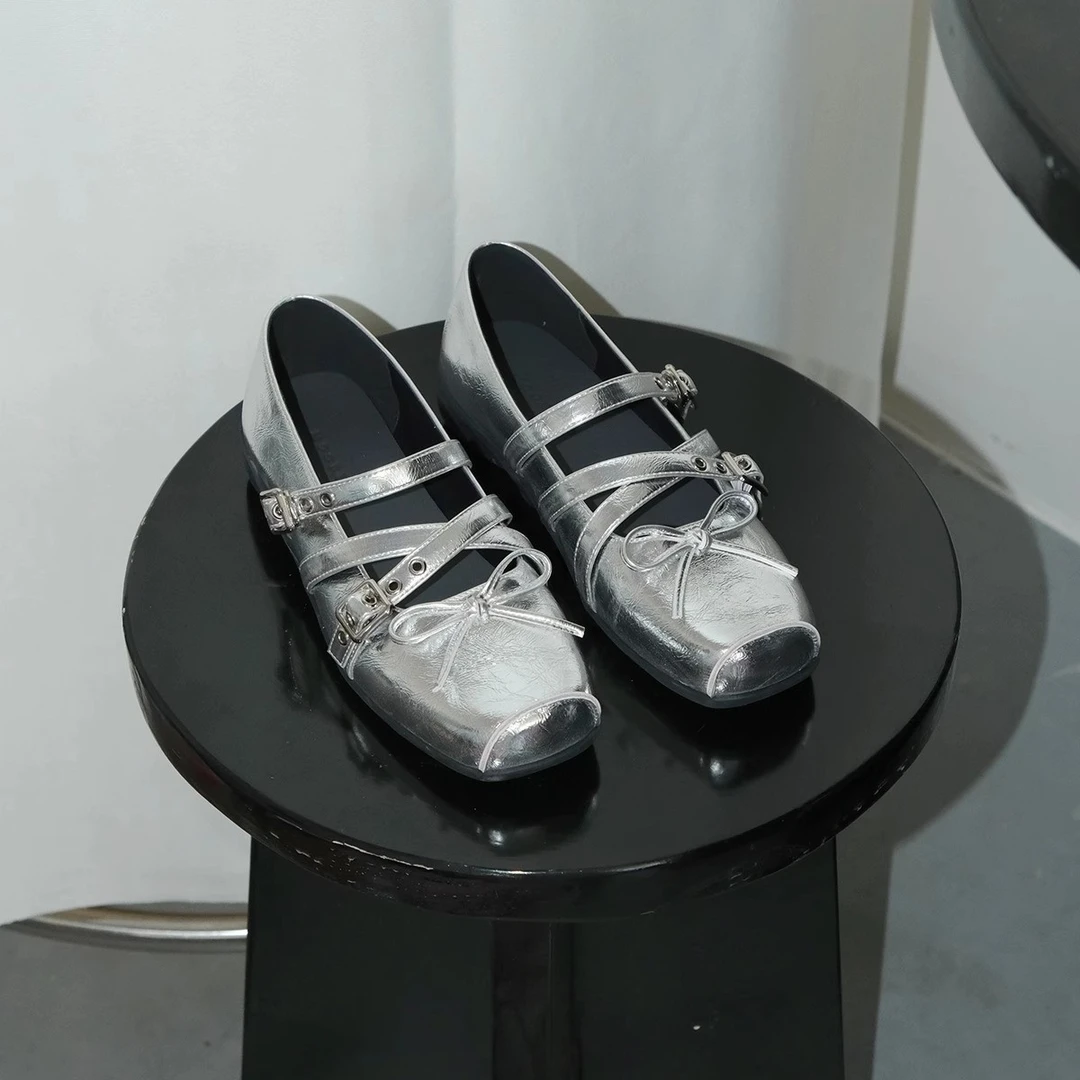 韩版方头红色蝴蝶结小单鞋女春夏法式复古浅口铆钉芭蕾平底鞋