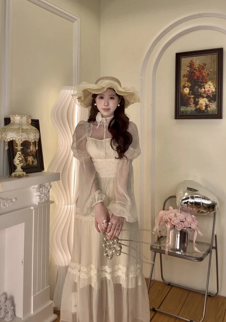 【桃屿漫歌】方领泡泡收腰A字连衣裙法式复古宫廷风连衣裙