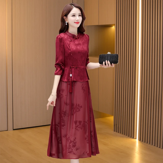 喜婆婆婚宴装2025新款气质旗袍连衣裙女初秋结婚长辈衣服腰裙套装