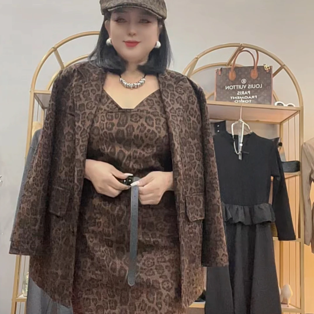 【月姐家】纯欲风性感豹纹吊带连衣裙女神范修身开叉长裙子