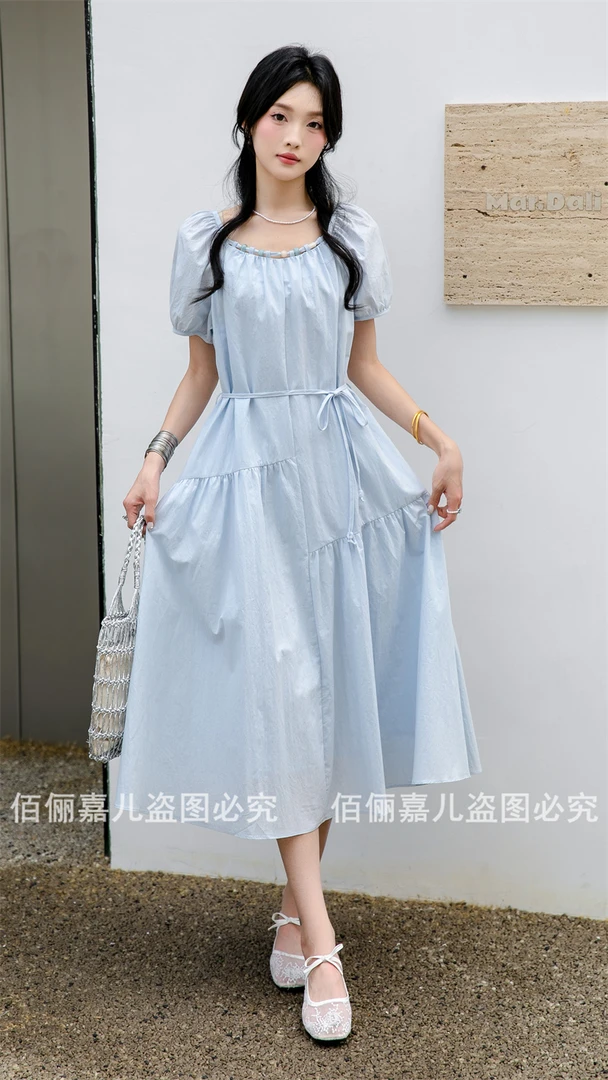 夏装新款女装简约时尚优雅气质纯色连衣裙收腰显瘦