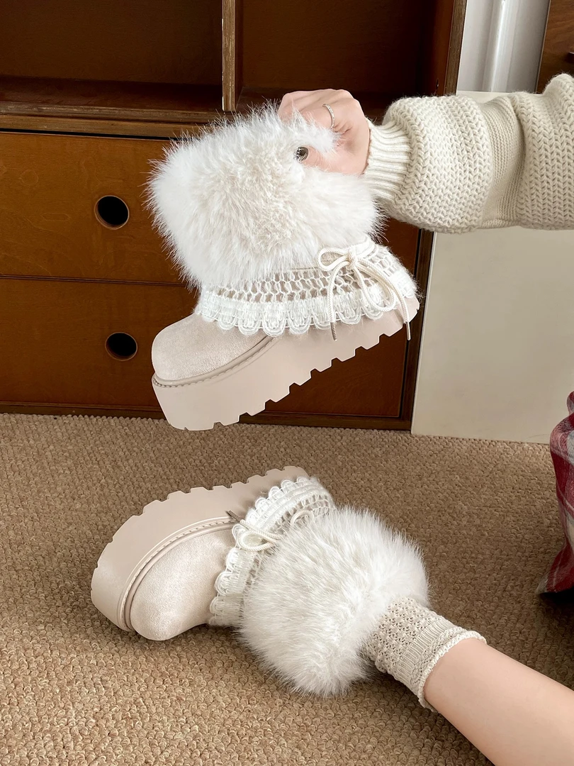 毛毛雪地靴系带厚底短靴女2025新款冬季靴子加绒保暖棉鞋百搭