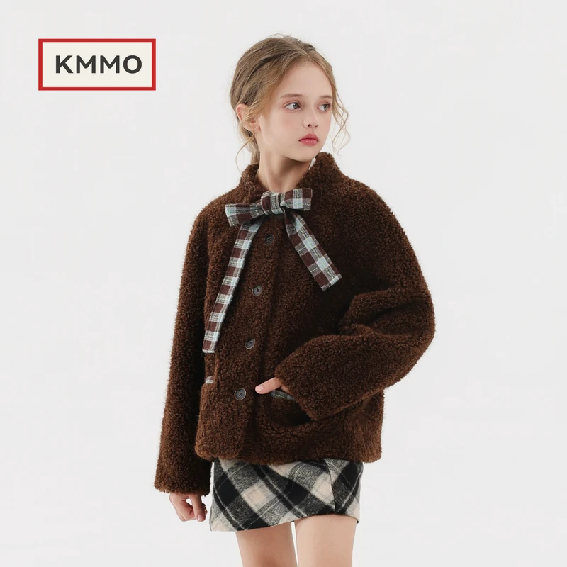 KMMO儿童皮草外套2025秋冬新款女童仿羊羔毛加绒加厚毛毛短款童装