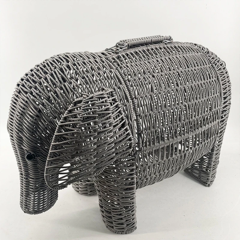 H8灰蓝大象摆件美式家用创意置物收纳篮纯手工编织特大号50*35*25