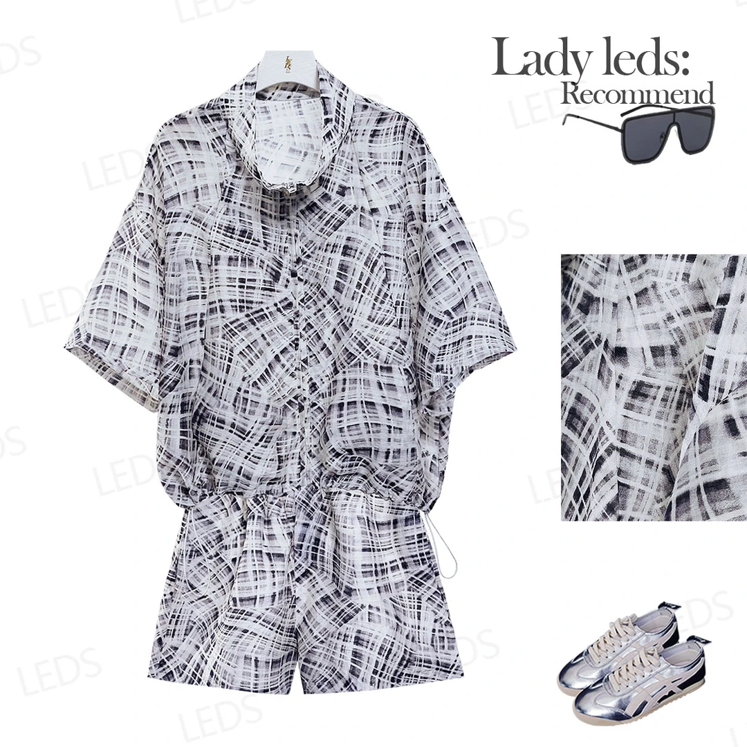 LEDS 8680夏季短袖白色衬衣格子百搭格纹短裤套装