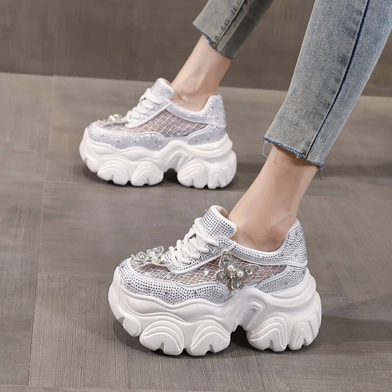 鞋子女网纱水钻厚底老爹鞋2025夏季新款小个子超高跟休闲女鞋子潮