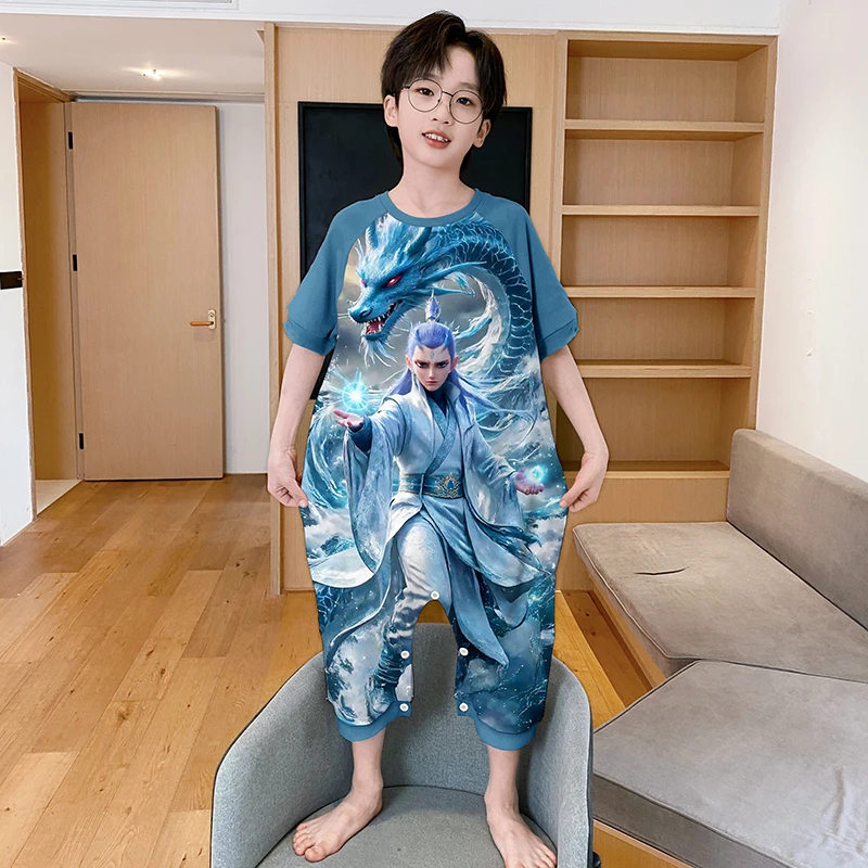 2025夏哪吒闹海卡通敖丙儿童睡衣纯棉连体睡袋防踢男童女孩家居服