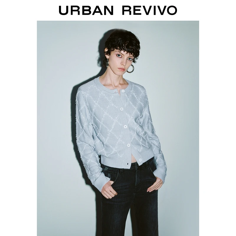 UR2025秋季新款女装休闲学院菱格纹针织外套UYY950075