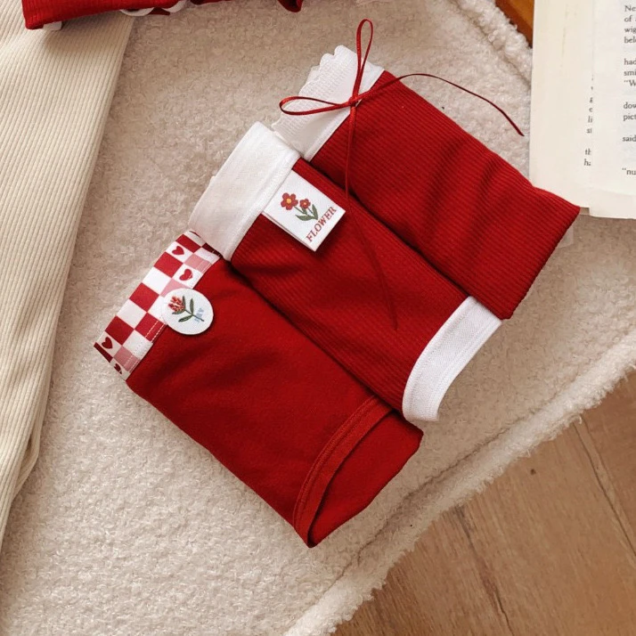 秋冬本命年内裤女士螺纹A类婴儿棉5A抗jun裆中腰三角裤红色三条装