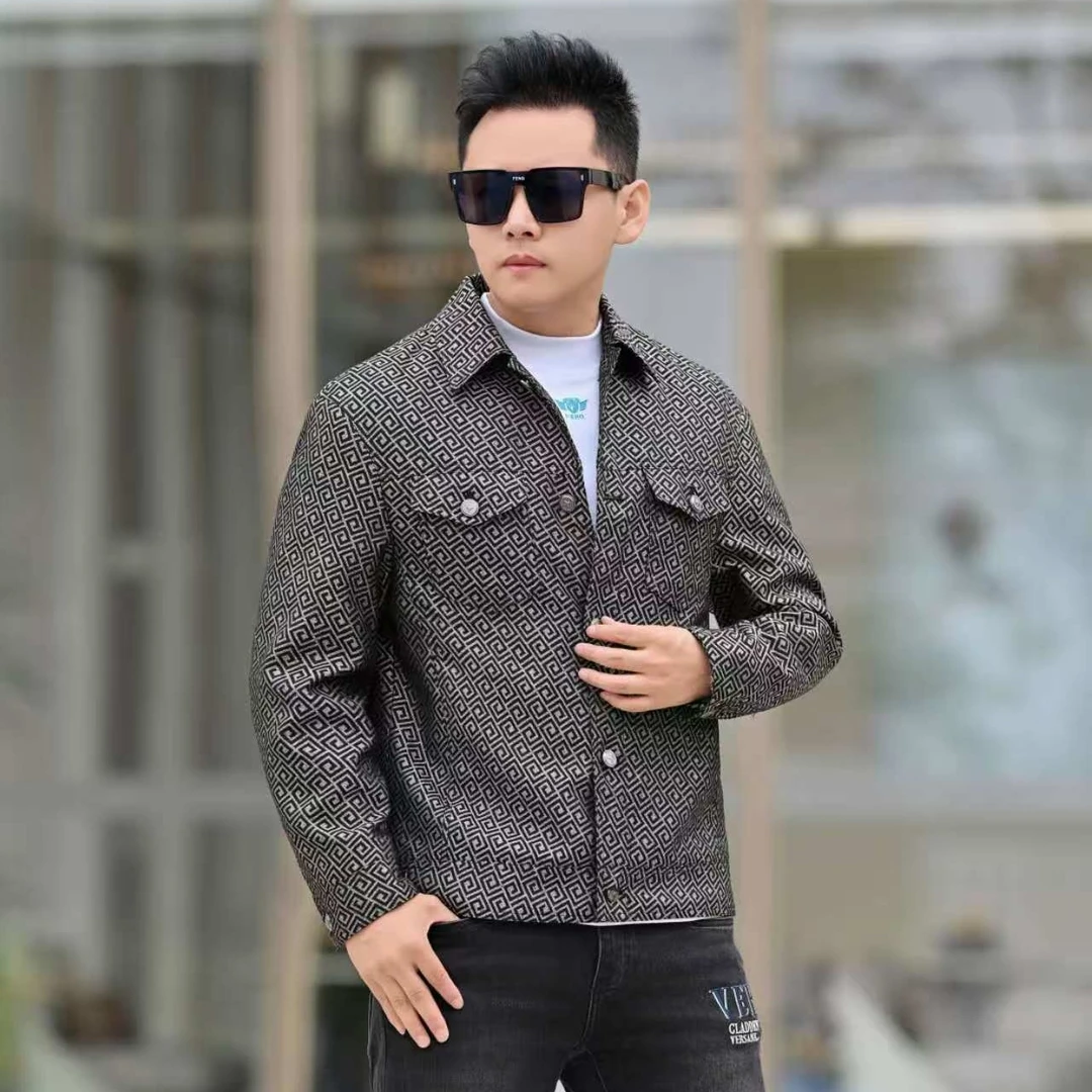 新款高端男士时尚商务不规则满花图案翻领夹克23526