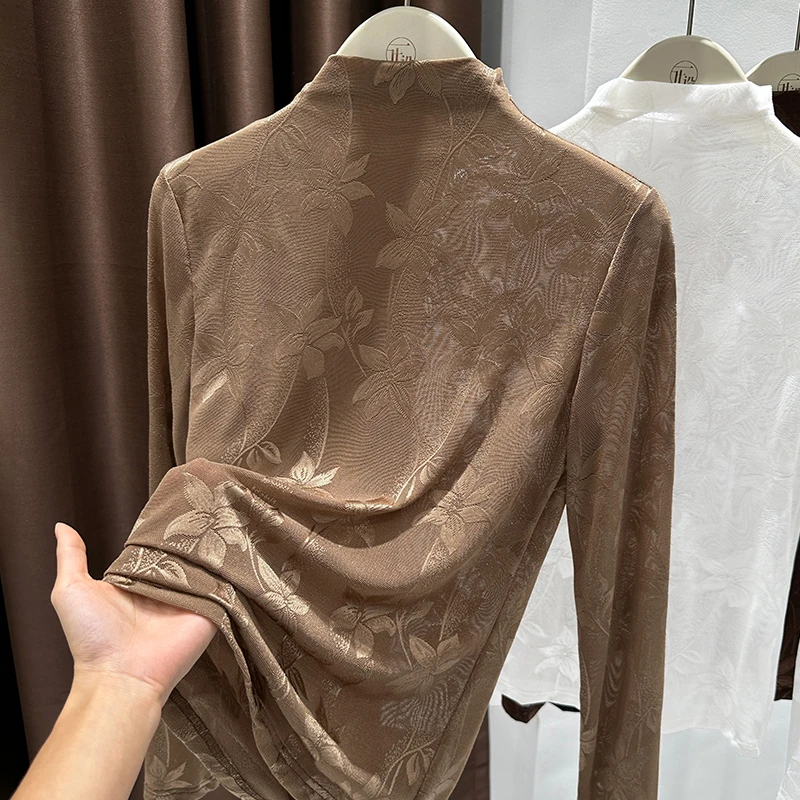 半高领花朵蕾丝长袖上衣秋季新款高级感修身网纱打底衫薄款内搭女