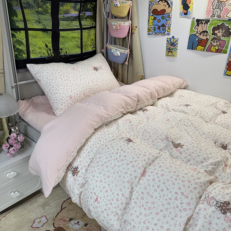 ins可爱卡通双层纱学生宿舍三件套单人小清新床单被套床上四件套A