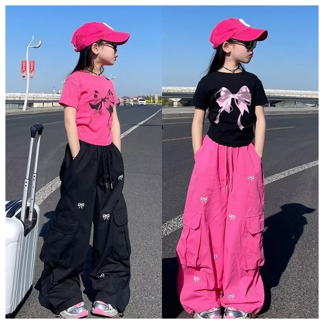 女童工装裤夏季薄款街舞裤2024女孩红色裤子中宽松高腰爵士休闲裤