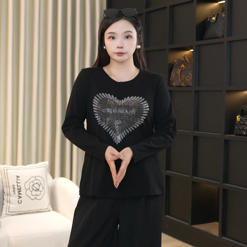 2025秋装新款韩版长袖打底衫大码女装纯色宽松爱心上衣13982