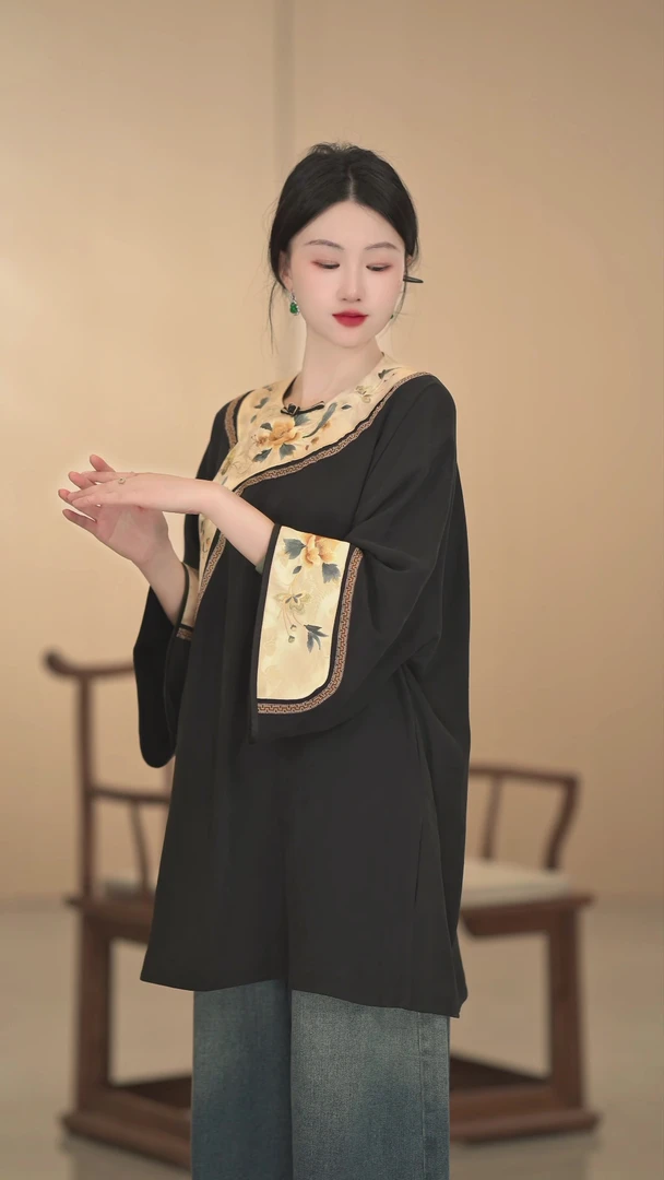 「春风十一载」铜氨丝黑色刺绣长衫时尚百搭夏季复古日常民族风长袖