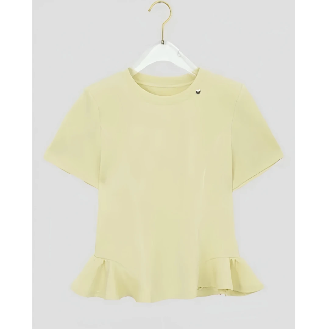 2025春季新款简约荷叶边下摆收腰短袖纯色上衣T恤女-25086