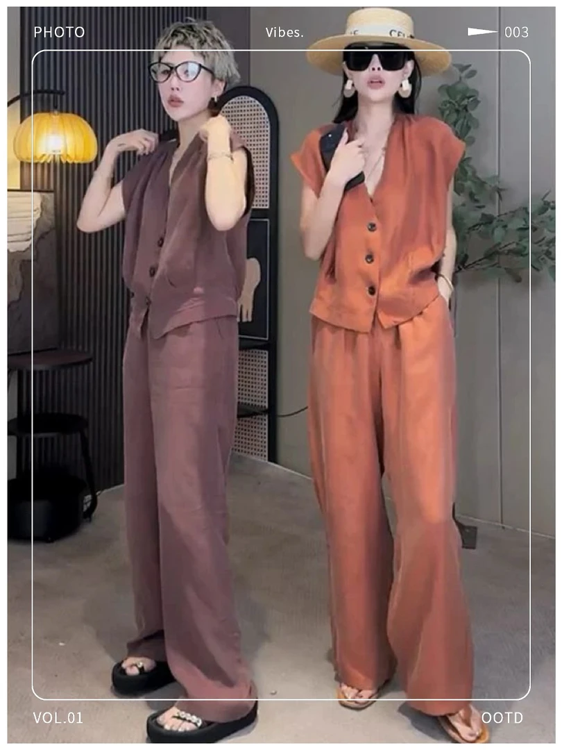 欧洲站2025夏季新款韩系休闲显瘦V领上衣高腰纯色长裤铜氨丝套装