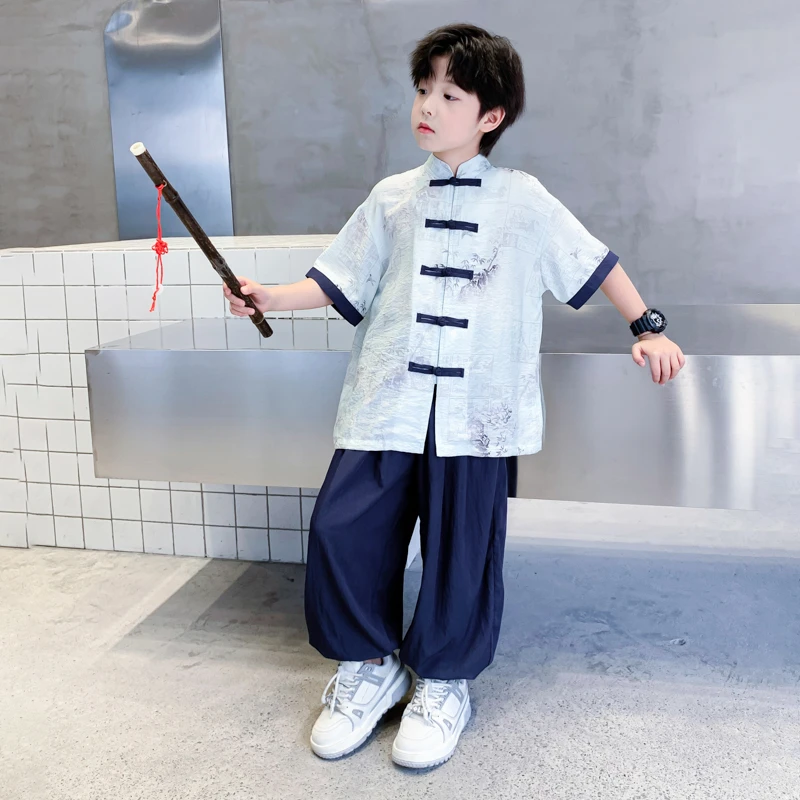 男童夏装短袖唐装套装2025新款儿童夏季汉服古装民族表演服中国风
