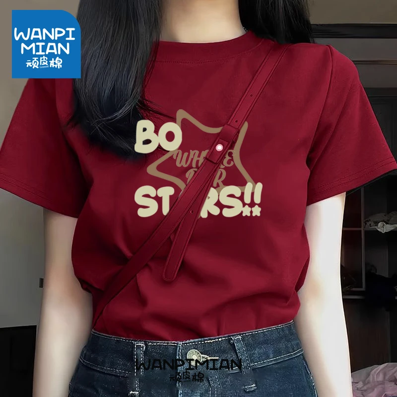2025春夏纯棉圆领百搭ins印花T恤男女短款短袖T恤情侣修身酒红色