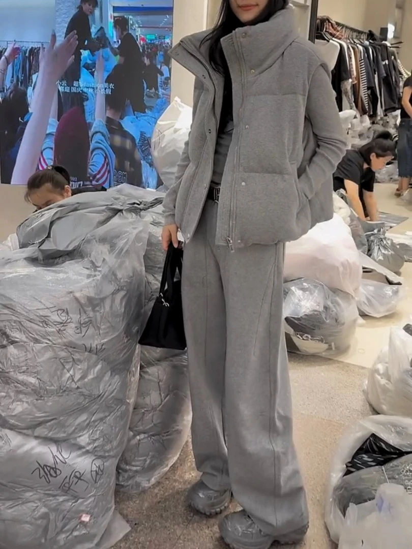 秋冬季新款时尚品质套装棉服保暖洋气马甲高腰弯刀长裤气质两件套