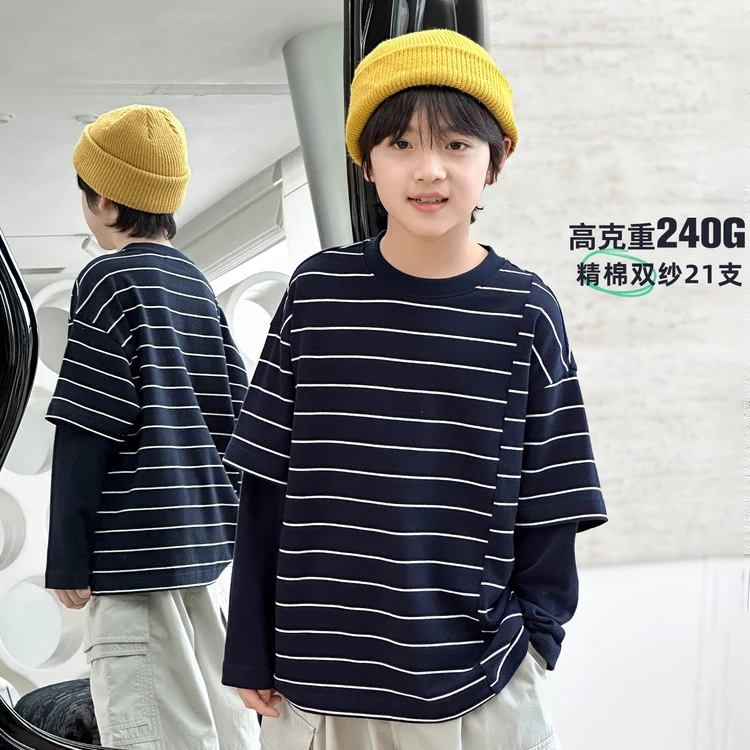 XMYY2025秋款男童假两件条纹T恤长袖中大童休闲上衣/TXW3021 灰