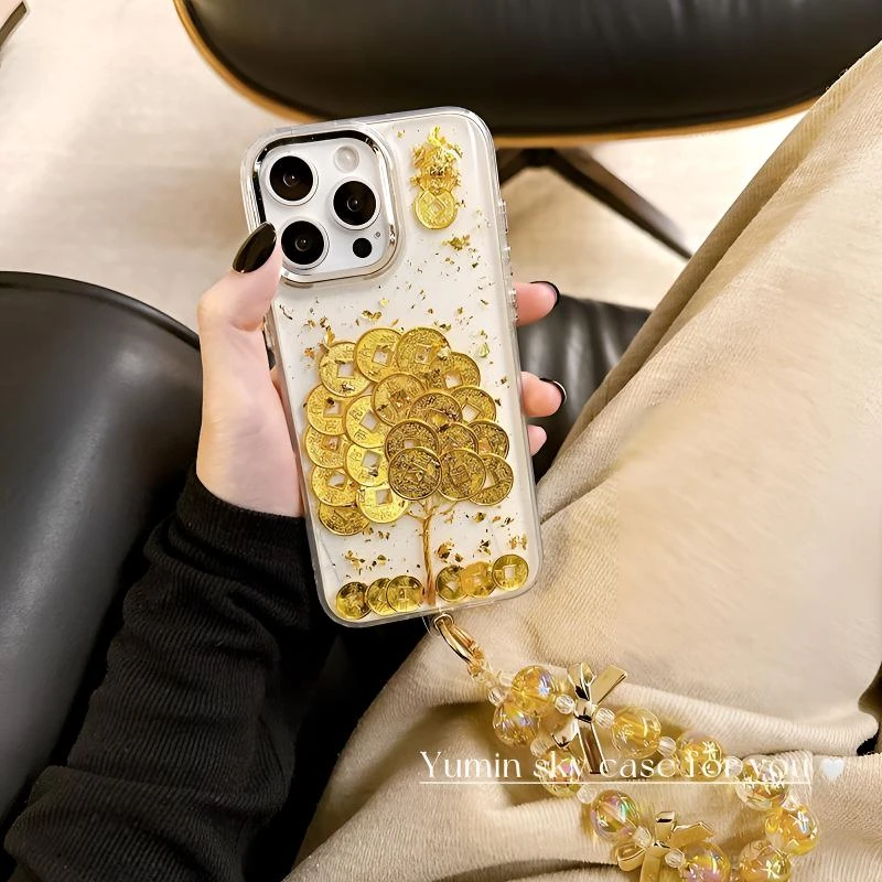 滴胶金箔铜钱树适用苹果16手机壳华为小米oppo红米链条14防摔暴富