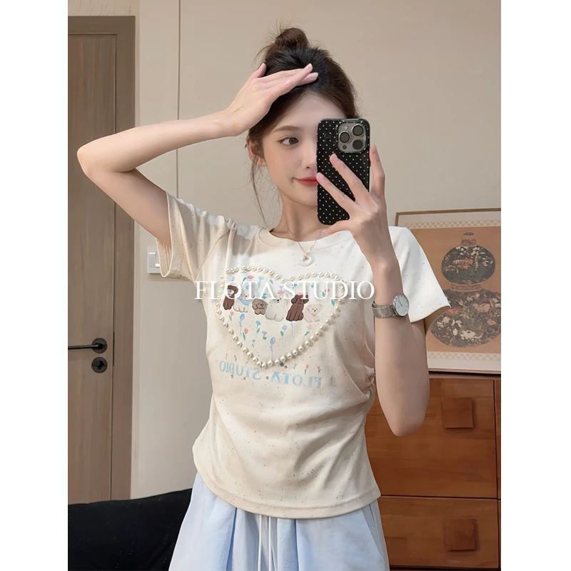 【flota】盐系爱心珍珠可爱小狗圆领别致短袖T恤女韩版上衣0940