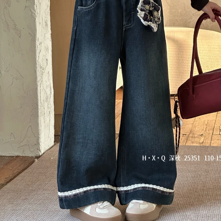 女秋冬季季中大童加绒牛仔裤直筒冬季阔腿裤牛仔裤长裤韩版裤子