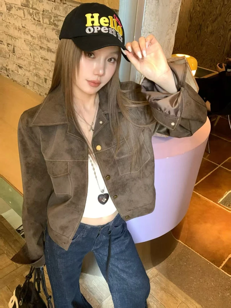 番茄妹妹Tomatosister春款2025翻领皮衣外套复古休闲机车夹克女