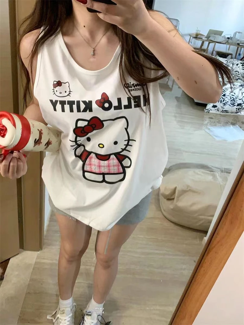 甜辣妹无袖韩版猫咪印花灰色吊带背心女夏季新款宽松慵懒风上衣潮