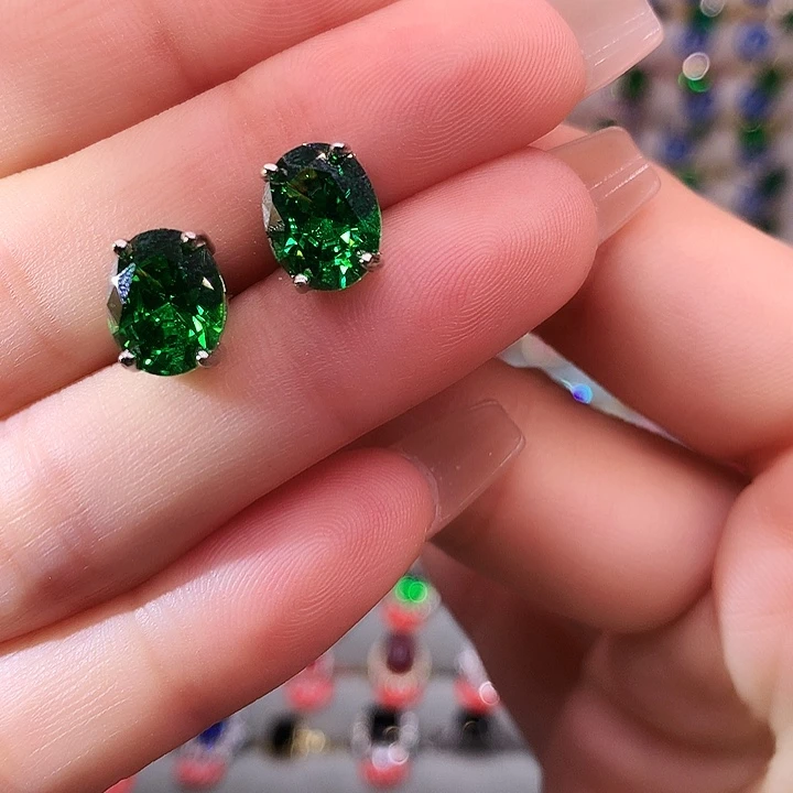 透辉石耳钉银S925镶嵌