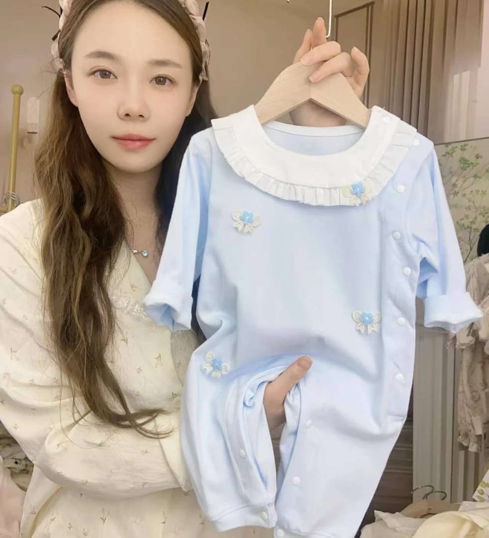 女长袖单排扣A类春秋爬服花边哈衣