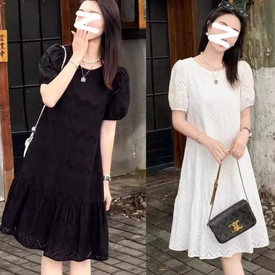 法式设计感短袖女士连衣裙2025夏季新款刺绣宽松减龄显瘦中长裙子